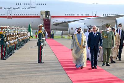 Sheikh Mohammed bin Rashid, UAE Vice President and Ruler of Dubai, is greeted by Algerian Prime Minister Aymen Benabderrahmane upon his arrival in Algiers for the summit. Photo: Dubai Media Office