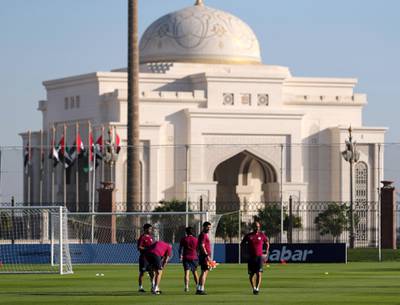 Abu Dhabi, United Arab Emirates - March 15th, 2018: Manager of Manchester City Pep Guardiola during a training session in Abu Dhabi. Thursday, March 15th, 2018. Emirates Palace, Abu Dhabi. Chris Whiteoak / The National
