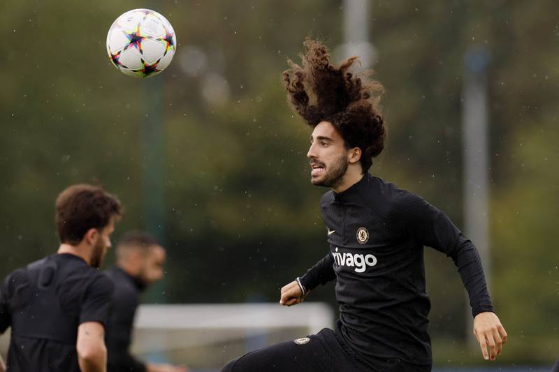 Chelsea defender Marc Cucurella heads the ball during training. Reuters