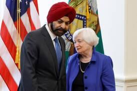 US treasury secretary Janet Yellen welcomes incoming World Bank president Ajay Banga at the treasury department in Washington.   REUTERS