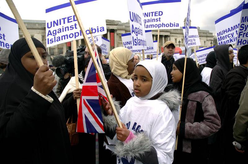 Muslim women and children in the UK demonstrate against Islamophobia. Getty