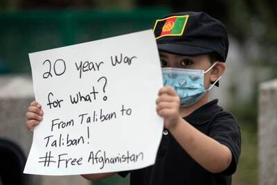 A young demonstrator at a vigil in support of Afghanistan at the West Los Angeles Federal Building, California on August 17, 2021. EPA