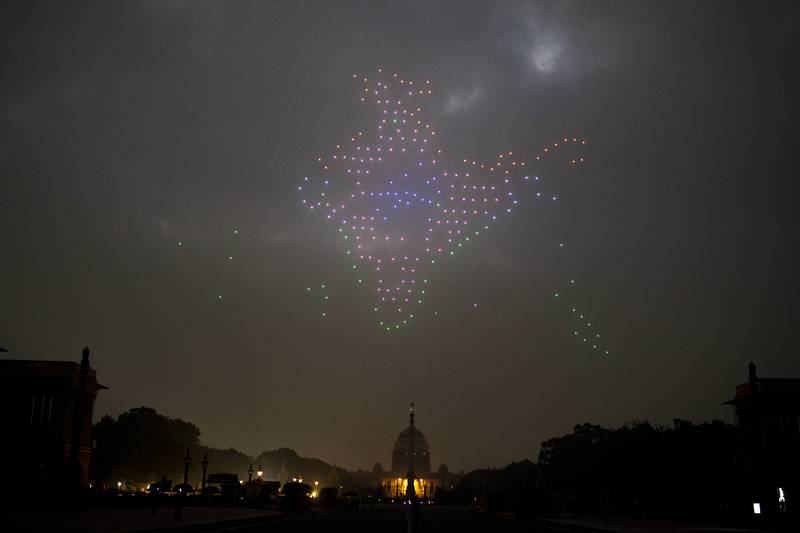 Dozens of drones form India's map in New Delhi's night sky. AP