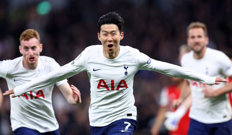 Son Heung-Min  celebrates after scoring the third. Getty