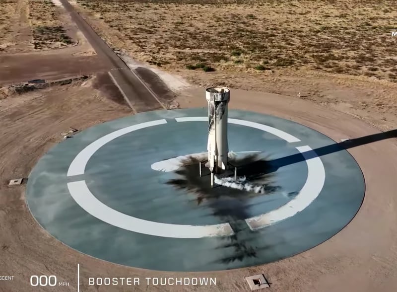 The reusable New Shepard booster successfully lands near the launch site.