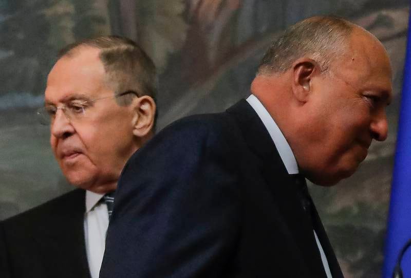 Sergey Lavrov (L) and Sameh Shoukry at a joint news conference in Moscow on Tuesday. EPA
