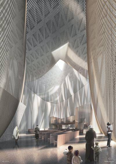 The interior of the synagogue. While the three places of worship are of the same height, the designs and interiors will differ significantly. Courtesy Adjaye Associates
