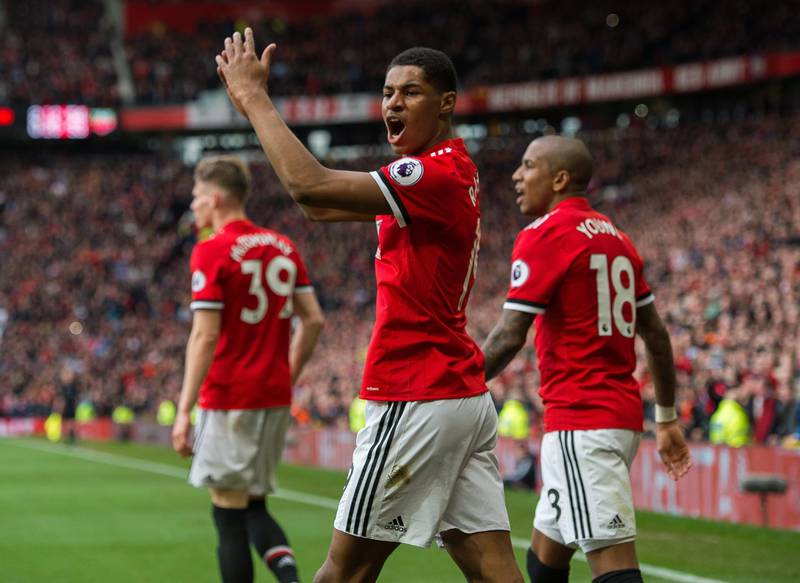 epa06593595 Marcus Rashford of Manchester United  celebrates scoring the second goal during the English Premier League soccer match between Manchester United and Liverpool held at the Old Trafford, Manchester, Britain,  10 March 2018.  EPA/PETER POWELL EDITORIAL USE ONLY. No use with unauthorized audio, video, data, fixture lists, club/league logos or 'live' services. Online in-match use limited to 75 images, no video emulation. No use in betting, games or single club/league/player publications