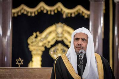 Secretary General of the Muslim World League Mohammad Abdulkarim al-Issa gives a speech during a visit to the Nozyk Synagogue in Warsaw.  AFP