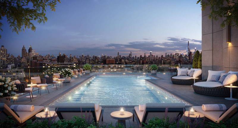 There's a rooftop pool with a cityscape panorama.