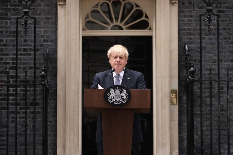 Boris Johnson gibt seinen Rücktritt als Premierminister am 7. Juli 2022 vor der Downing Street 10 bekannt. Getty Images
