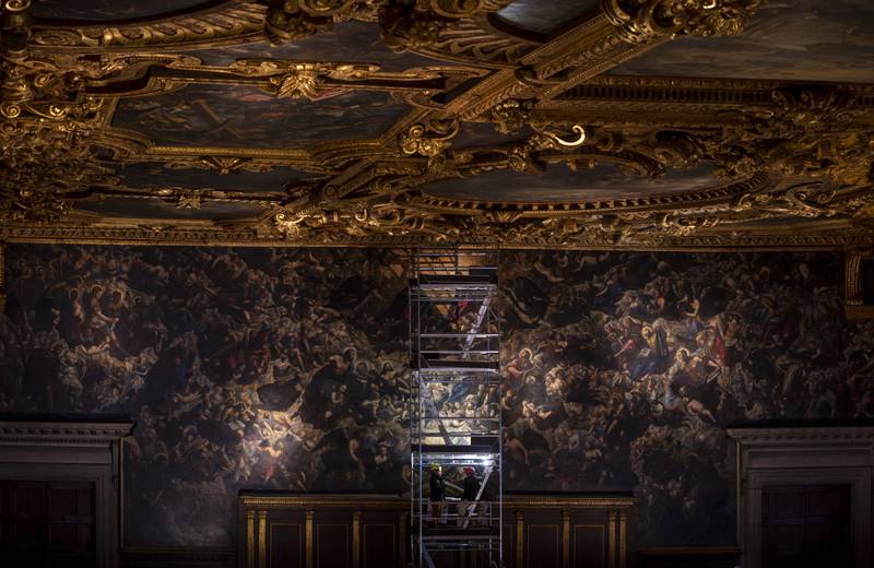 Conservationists' scaffolding during an inspection of the 7.45 metre by 24.65 metre oil painting Il Paradiso (1592) by Tintoretto and his son Domenico in the Palazzo Ducale in Venice, Italy. AP