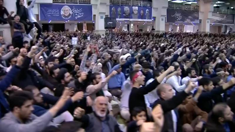 An image grab from footage obtained from the state-run Iran Press news agency on January 17, 2020 shows Iranians cheering during a speech by Iran's supreme leader as leads the main weekly Muslim prayers in Tehran.  - RESTRICTED TO EDITORIAL USE - MANDATORY CREDIT - AFP PHOTO / HO / IRAN PRESS NO MARKETING NO ADVERTISING CAMPAIGNS - DISTRIBUTED AS A SERVICE TO CLIENTS FROM ALTERNATIVE SOURCES, AFP IS NOT RESPONSIBLE FOR ANY DIGITAL ALTERATIONS TO THE PICTURE'S EDITORIAL CONTENT, DATE AND LOCATION WHICH CANNOT BE INDEPENDENTLY VERIFIED  - NO RESALE - NO ACCESS ISRAEL MEDIA/PERSIAN LANGUAGE TV STATIONS/ OUTSIDE IRAN/ STRICTLY NI ACCESS BBC PERSIAN/ VOA PERSIAN/ MANOTO-1 TV/ IRAN INTERNATIONAL
 / AFP / IRAN PRESS / - / RESTRICTED TO EDITORIAL USE - MANDATORY CREDIT - AFP PHOTO / HO / IRAN PRESS NO MARKETING NO ADVERTISING CAMPAIGNS - DISTRIBUTED AS A SERVICE TO CLIENTS FROM ALTERNATIVE SOURCES, AFP IS NOT RESPONSIBLE FOR ANY DIGITAL ALTERATIONS TO THE PICTURE'S EDITORIAL CONTENT, DATE AND LOCATION WHICH CANNOT BE INDEPENDENTLY VERIFIED  - NO RESALE - NO ACCESS ISRAEL MEDIA/PERSIAN LANGUAGE TV STATIONS/ OUTSIDE IRAN/ STRICTLY NI ACCESS BBC PERSIAN/ VOA PERSIAN/ MANOTO-1 TV/ IRAN INTERNATIONAL
