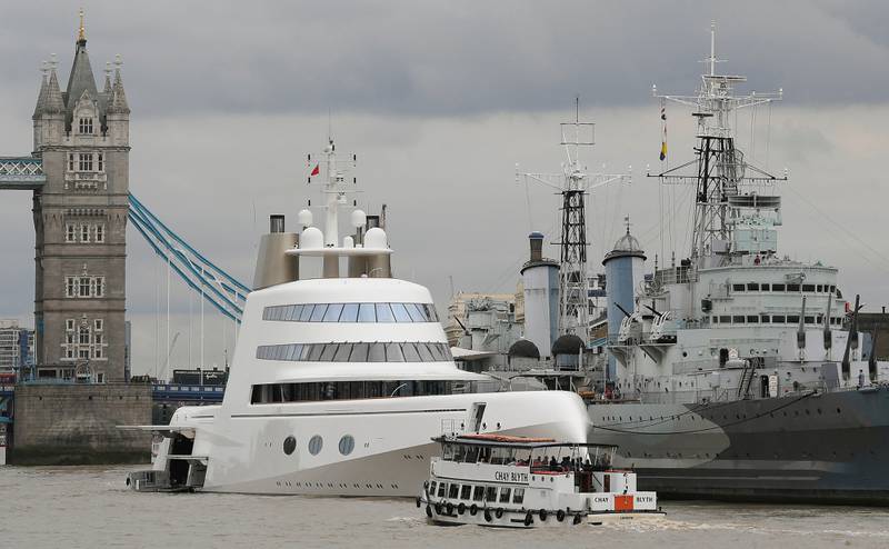 'Motor Yacht A' is seen moored on the River Thames beside the 'HMS Belfast' in London in 2016. Reuters