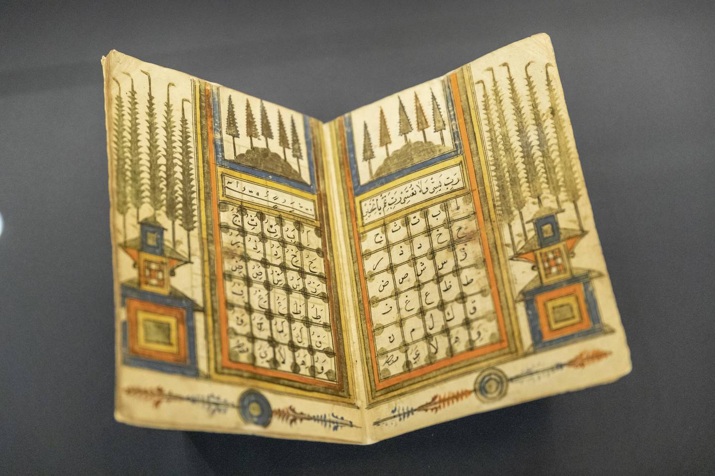 A 17th-century manuscript illustrating Arabic Alphabet at the Pearls of Wisdom exhibition at Qasr Al Watan. Antonie Robertson / The National

