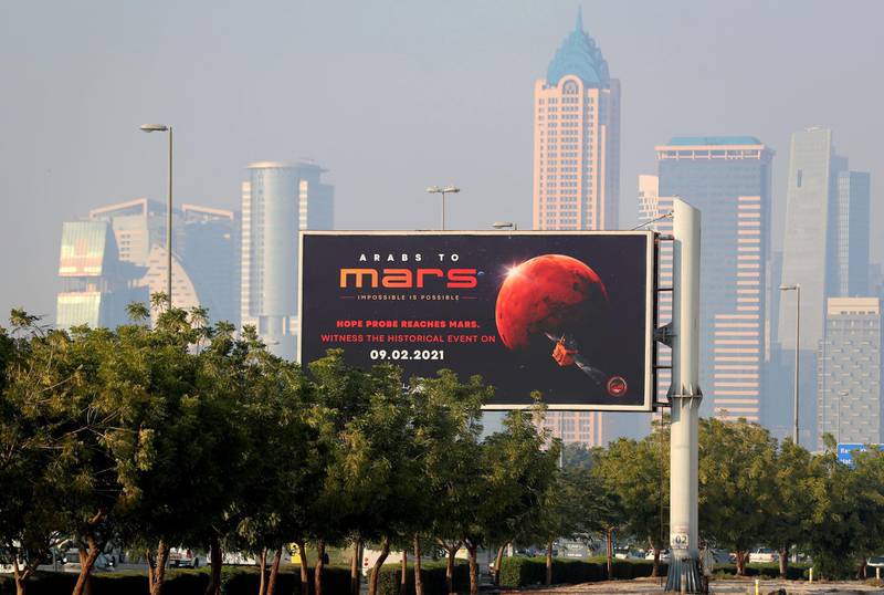 Dubai, United Arab Emirates - Reporter: N/A. Standalone. A billboard on Al Khail Road about the Hope probe that reaches Mars on the 9th of February. Thursday, February 4th, 2021. Dubai. Chris Whiteoak / The National