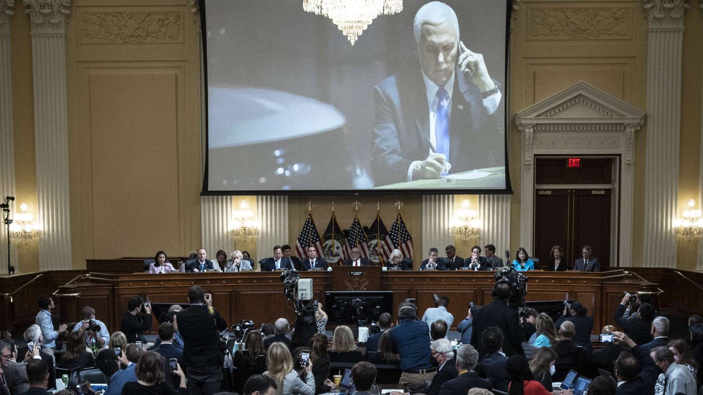 An image of former Vice President Mike Pence on the night of January 6, 2021 displayed during the hearing of the House Select Committee to Investigate the January 6th attack on the US Capitol, on June 16, in Washington. Getty Images / AFP
