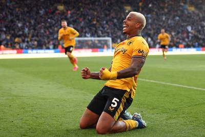 Wolverhampton Wanderers' Mario Lemina celebrates after scoring their winning goal in the 2-1 Premier League victory against Tottenham Hotspur at the Molineux Stadium on November 11, 2023. AFP
