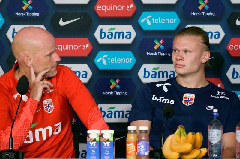 Norway coach Stale Solbakken and Erling Haaland address a press conference prior to a training session with the national team at Ullevaal Stadium in Oslo on May 30, 2022.AFP