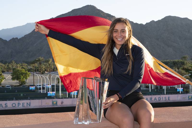 Paula Badosa, of Spain, poses with the trophy after defeating Victoria Azarenka, of Belarus, in the singles final at the BNP Paribas Open tennis tournament, Sunday, October 17, 2021, in Indian Wells, California. AP Photo