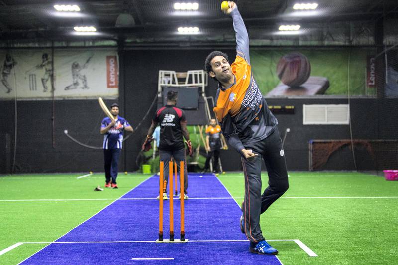 Dubai, United Arab Emirates, August 29, 2017:     Sameer Nayak bowls during a training session with the UAE national indoor cricket team at Insportz in the Al Quoz area of Dubai on August 29, 2017. The indoor cricket world cup will be held in Dubai September 16-23, it will be the first time the UAE is fielding a team. Christopher Pike / The National

Reporter: Paul Radley
Section: Sport