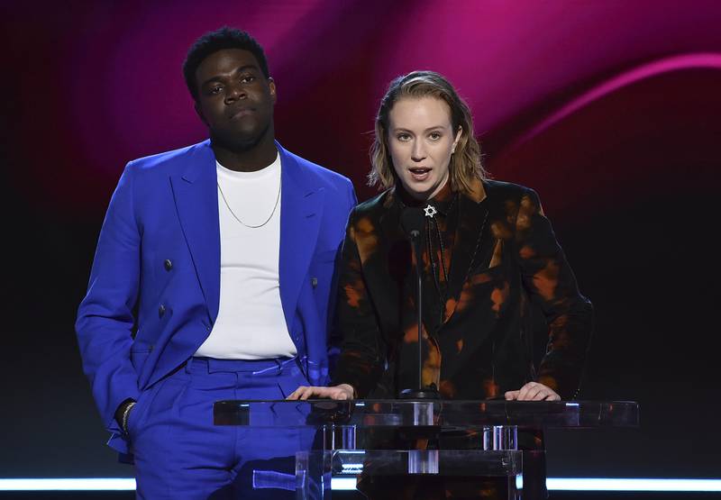 Sam Richardson, left, and Hannah Einbinder present the award for Best Female Performance in a New Scripted Series. AP Photo