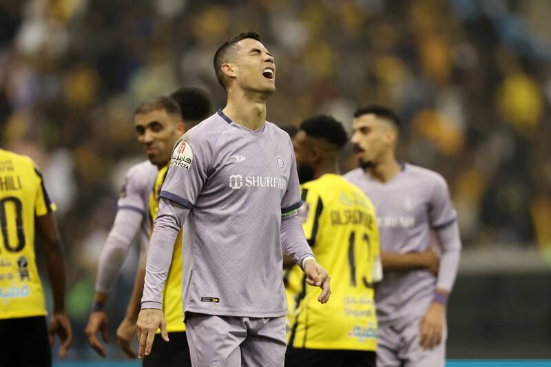 Cristiano Ronaldo of Al Nassr reacts after a missed chance. Getty Images