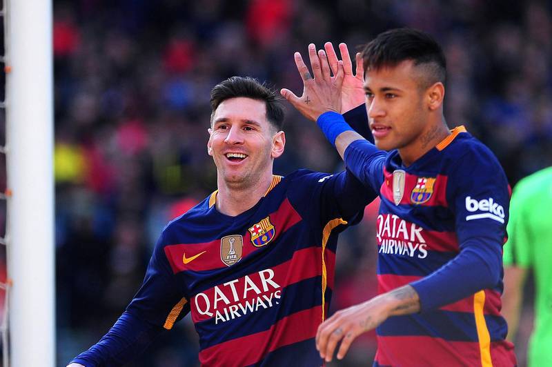 The F.C. Barcelona players, Lionel Messi and Neymar, celebrating the Messi goal, during the F.C. Barcelona vs Getafe Spanish League match, in Barcelona, 12th of March, 2016. (Photo by Joan Cros/NurPhoto) (Photo by Joan Cros/NurPhoto/NurPhoto via Getty Images)