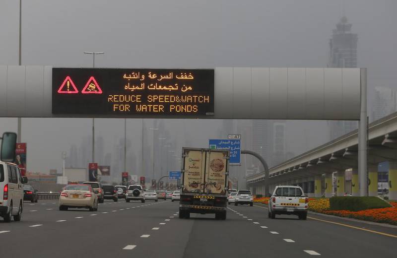 An RTA warns drivers to be on guard as they drive down Sheikh Zayed road. Pawan Singh / The National