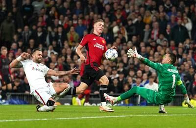 Manchester United's Rasmus Hojlund scores his side's second goal against Galatasaray. PA 