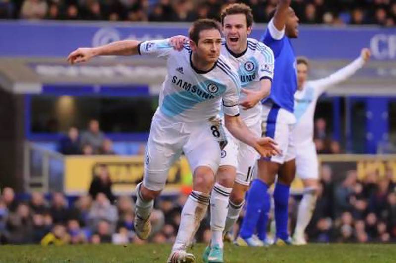 Two goals against Everton at Goodison Park yesterday for Frank Lampard, front, took his tally of goals for Chelsea up to 192 - 10 short of Bobby Tambling's club record. Michael Regan / Getty Images