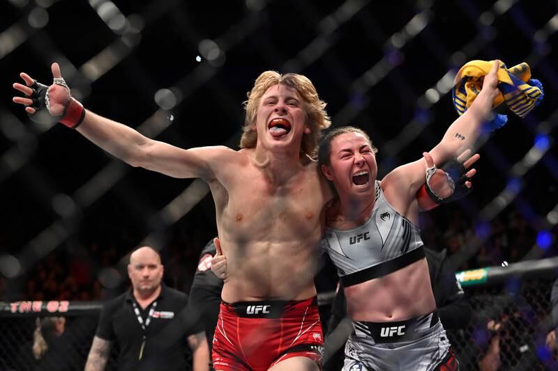 LONDON, ENGLAND - MARCH 19: Paddy Pimblett celebrates with Molly Mccann after defeating Kazula Vargas during UFC Fight Night: Volkov v Aspinall at the The O2 Arena on March 19, 2022 in London, England. (Photo by Justin Setterfield / Getty Images)