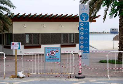 Abu Dhabi, United Arab Emirates, April 13, 2020.  No Entry signs at the Corniche beach area during the Coronavirus epidemic.Victor Besa / The NationalSection:  NAFor:  Standalone