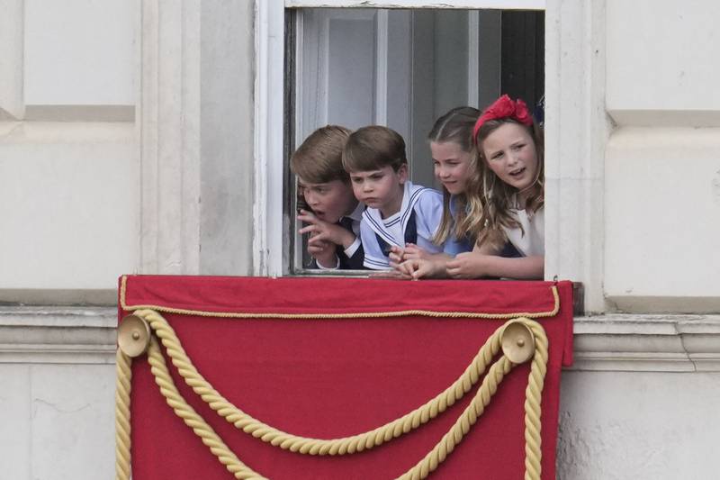 Left to right: Prince George, Prince Louis, Princess Charlotte and Mia Grace Tindall watch the Trooping of the Colour ceremony at Horse Guards Parade on day one of the platinum jubilee celebrations. PA