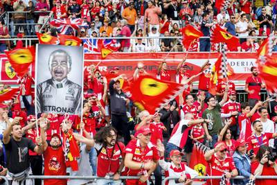 MONZA, ITALY - SEPTEMBER 02:  Ferrari fans hold up a banner featuring Lewis Hamilton of Mercedes and Great Britain during the Formula One Grand Prix of Italy at Autodromo di Monza on September 2, 2018 in Monza, Italy.  (Photo by Peter J Fox/Getty Images)
