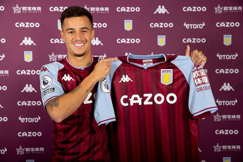New loan signing Philippe Coutinho poses with an Aston Villa shirt. Getty