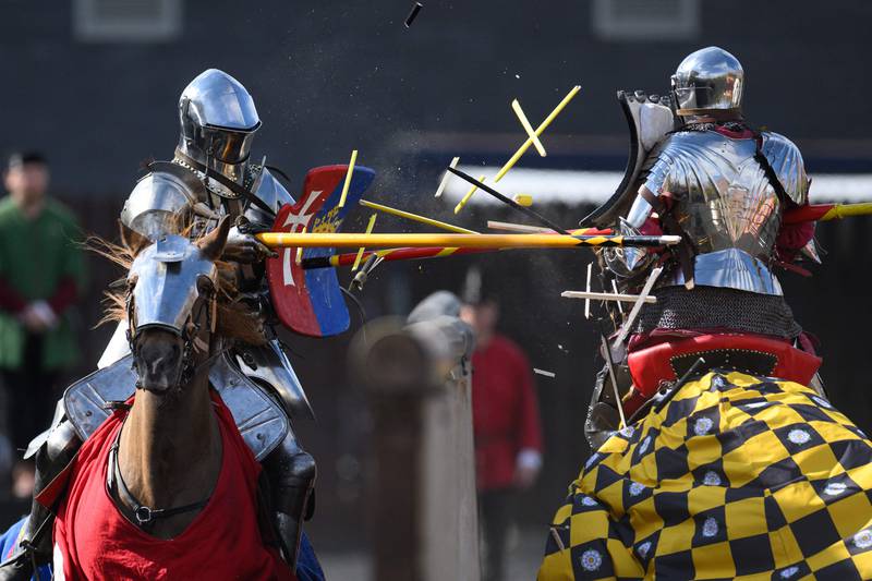 Riders dressed as knights take part in the International Jousting Tournament, held at the Royal Armouries Museum in Leeds, northern England.  AFP