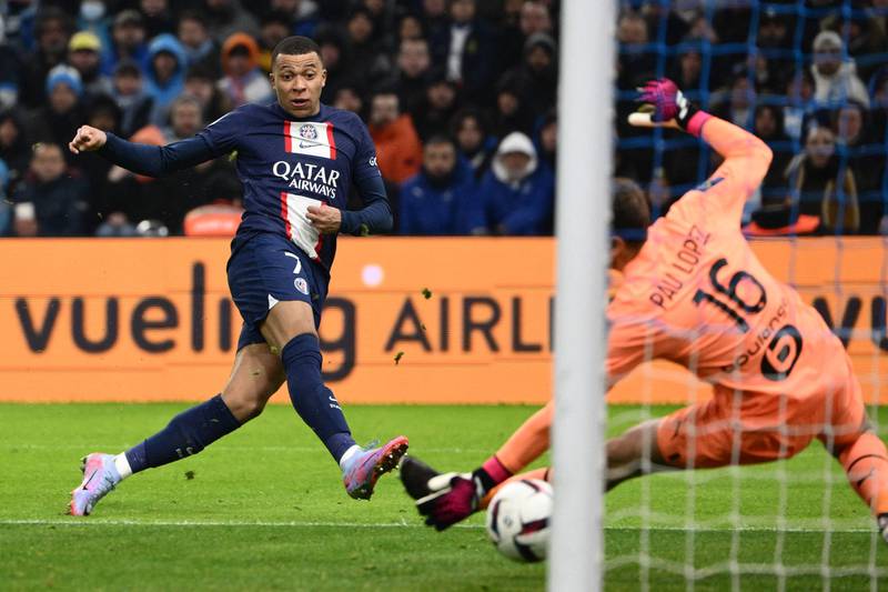Paris Saint-Germain's French forward Kylian Mbappe scores his team's third goal. AFP
