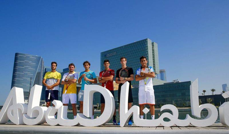 From left to right, Feliciano Lopez, Stan Wawrinka, Rafael Nadal, Novak Djokovic, Andy Murray and Nicolas Almagro pose during a photo shoot in Abu Dhabi on Thursday. AFP Photo / Mubadala World Tennis Championship