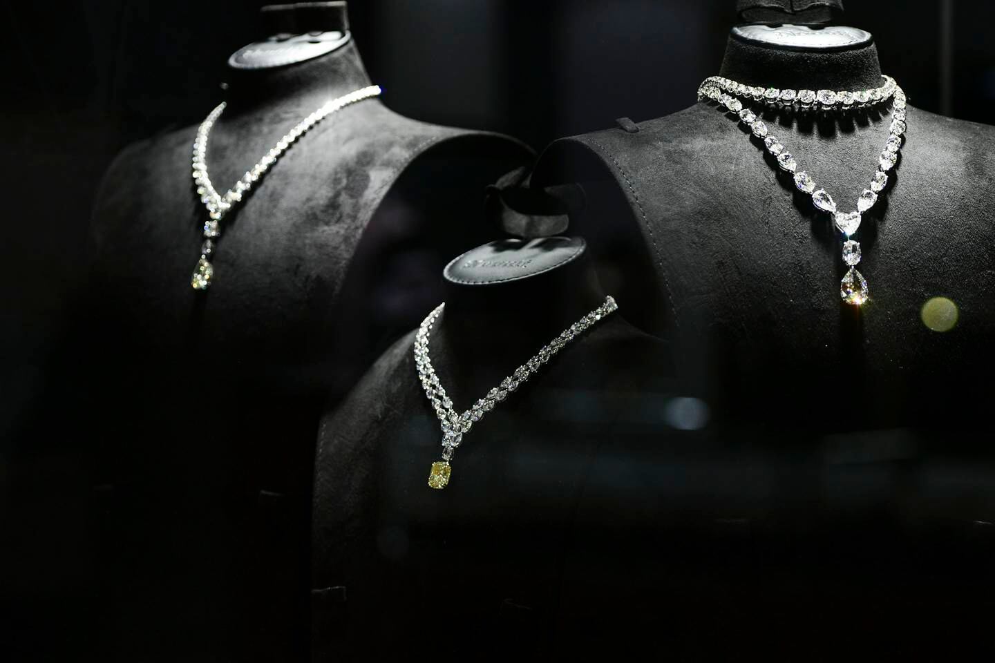 Diamond necklaces displayed at the Nsouli stand at the Jewellery & Watch Show Abu Dhabi. Khushnum Bhandari / The National 