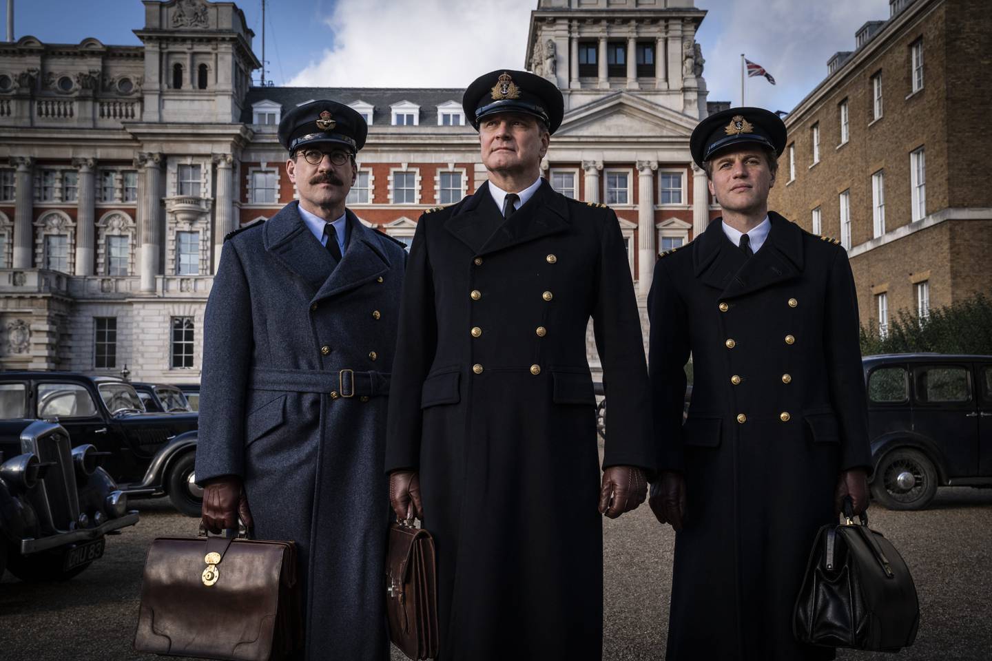 Matthew Macfadyen as Charles Cholmondeley, Colin Firth as Ewen Montagu and Johnny Flynn as Ian Fleming in 'Operation Mincemeat'. Photo: Netflix