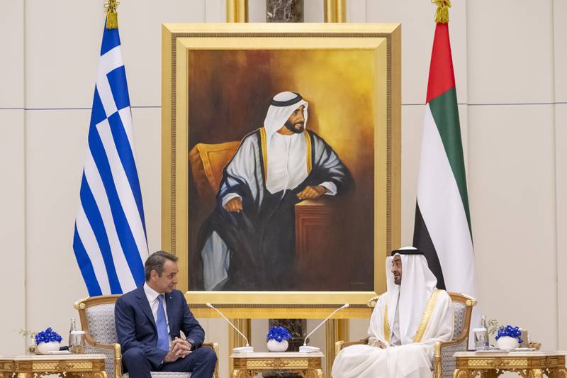 During their meeting, Sheikh Mohamed and Mr Mitsotakis discussed enhancing co-operation between their countries.