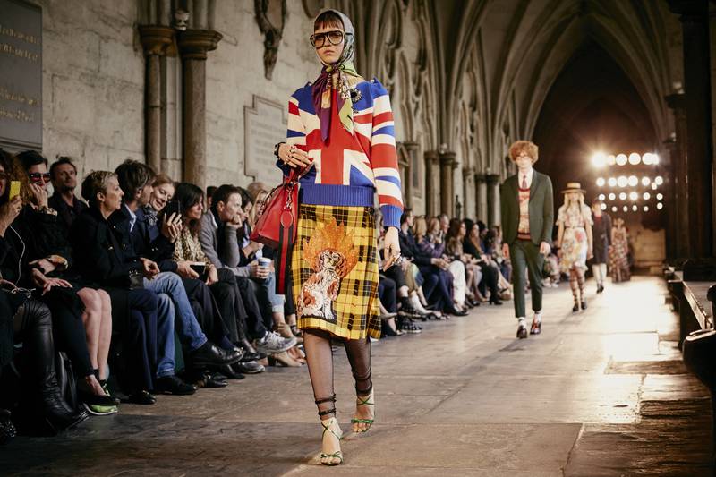 A handout photo of a model walking the runway during the Gucci Cruise 2017 fashion show at the Cloisters of Westminster Abbey on June 2, 2016 in London, England (Courtesy: Gucci) *** Local Caption ***  lm08se-gucci-cruise01.jpg