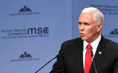 US Vice President Mike Pence speaks at the Munich Security Conference in Germany on February 16, 2019. Reuters