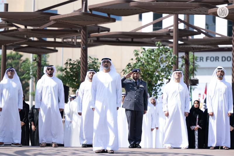 Sheikh Khaled bin Mohamed bin Zayed raises the UAE flag at the Abu Dhabi Executive Office in the presence of members of the Abu Dhabi Executive Council, to celebrate UAE Flag Day and honour the nation’s symbol of unity, loyalty and pride. Photo: AD Media Office
