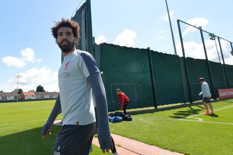 Mohamed Salah takes part in training session at the Melwood Training ground in Liverpool. AFP