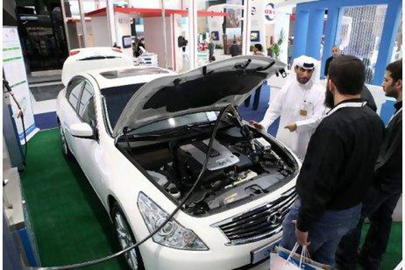 An Infiniti G37 that has been modified by ADNOC to run on compressed natural gas can be seen on display at the World Future Energy Summit yesterday in Abu Dhabi.