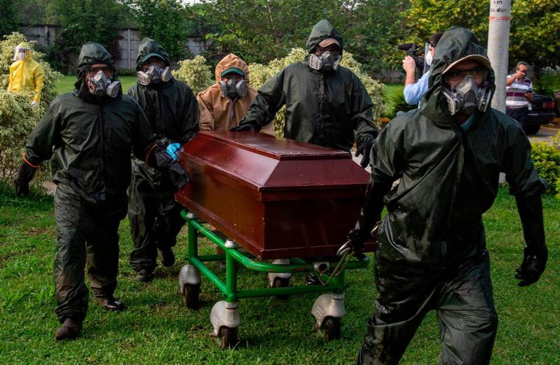 Gravediggers carry a coffin during a funeral at the Jardines del Recuerdo Cemetery in Managua, amid the new coronavirus pandemic.   AFP