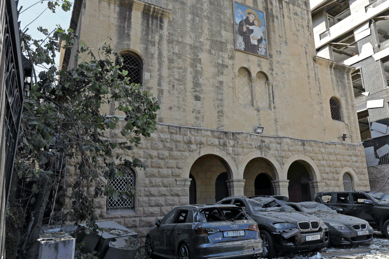 Cars were destroyed next to this church in the blast area.