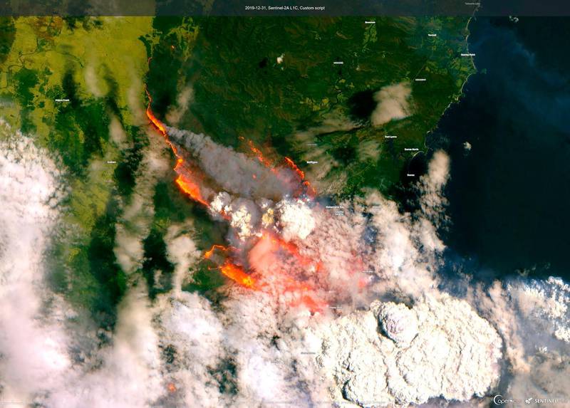 A satellite image released by Copernicus Sentinel Imagery shows wildfires burning across Australia, December 31, 2019.  AP